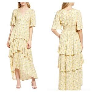 FOURTEENTH PLACE Yellow Floral Tiered High-Low  Flutter Sleeve Maxi Dress Womens
